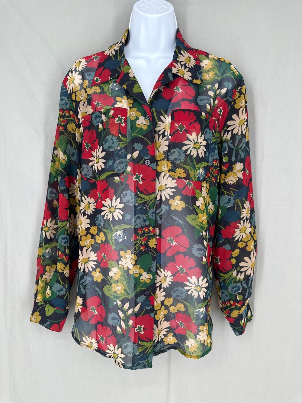 90s Vintage Top Womens Medium Navy Blue Floral Button Sheer Daisy Chiffon Retro